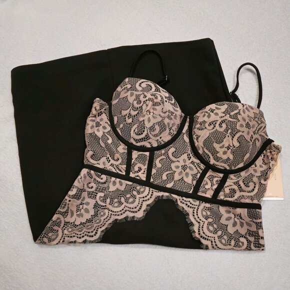 Blashe ✦ Black & Pink Lace Bustier Mini Dress ✦ Curve-Hugging w/ Padded Cups L - Picture 15 of 16